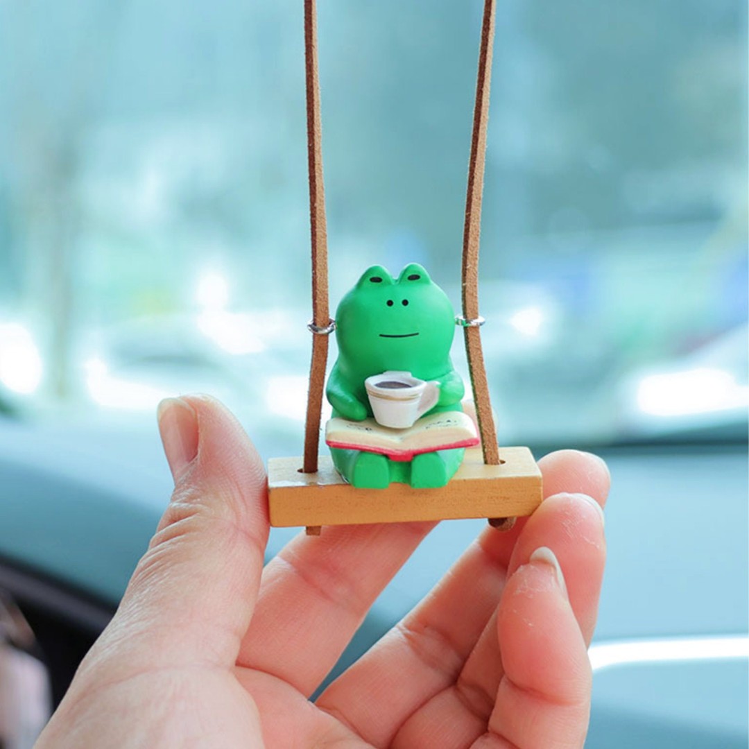 Cute Swinging Mini Frog in chair-Drinking Coffee Frog-Car Rearview Mirror Hanging Accessories-Car Decor for Women-Car Pendant-New Car Gift