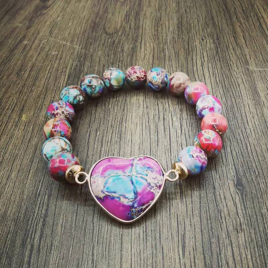 Handmade Bracelet, Healing Heart Chakra Bracelet, Purple-Blue Jasper, Stretchy Elastic, Bangle, Charm Bracelet, Love Bracelet, Boho Bracelet