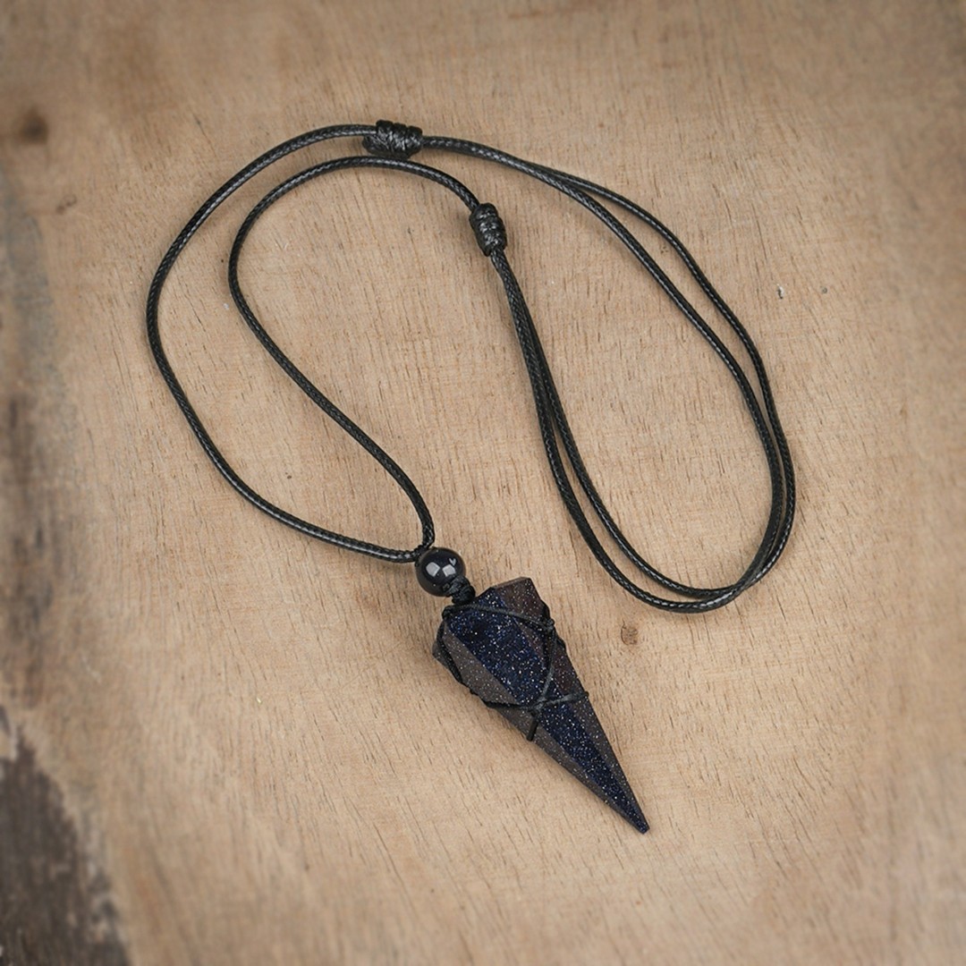 Obsidian Stone Pendant Necklace, Blue Sandstone Wrapped Necklace, Unisex Healing Necklace, Gift for Mom, Birthday Gift, Adjustable Necklace