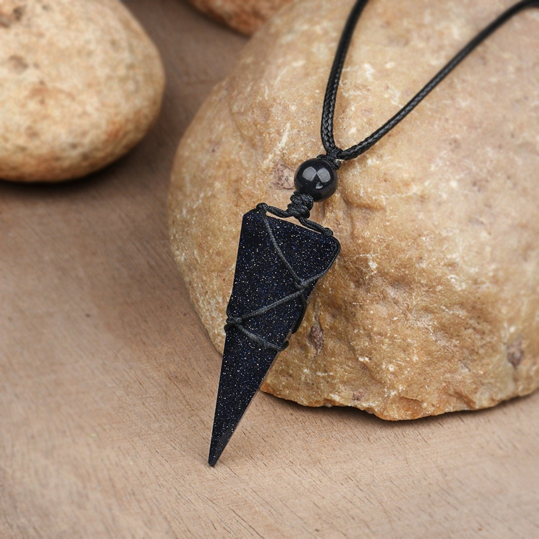 Obsidian Stone Pendant Necklace, Blue Sandstone Wrapped Necklace, Unisex Healing Necklace, Gift for Mom, Birthday Gift, Adjustable Necklace