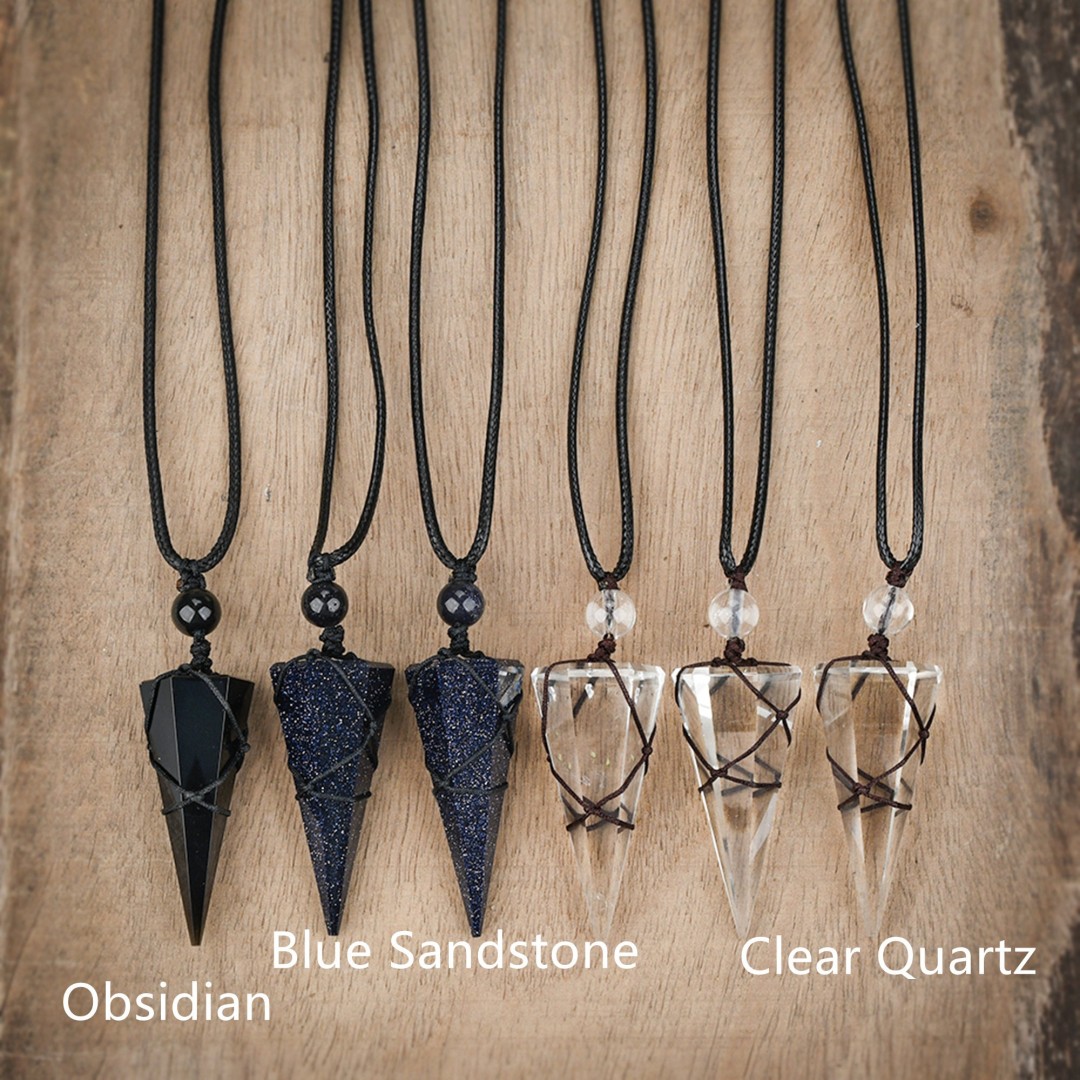 Obsidian Stone Pendant Necklace, Blue Sandstone Wrapped Necklace, Unisex Healing Necklace, Gift for Mom, Birthday Gift, Adjustable Necklace