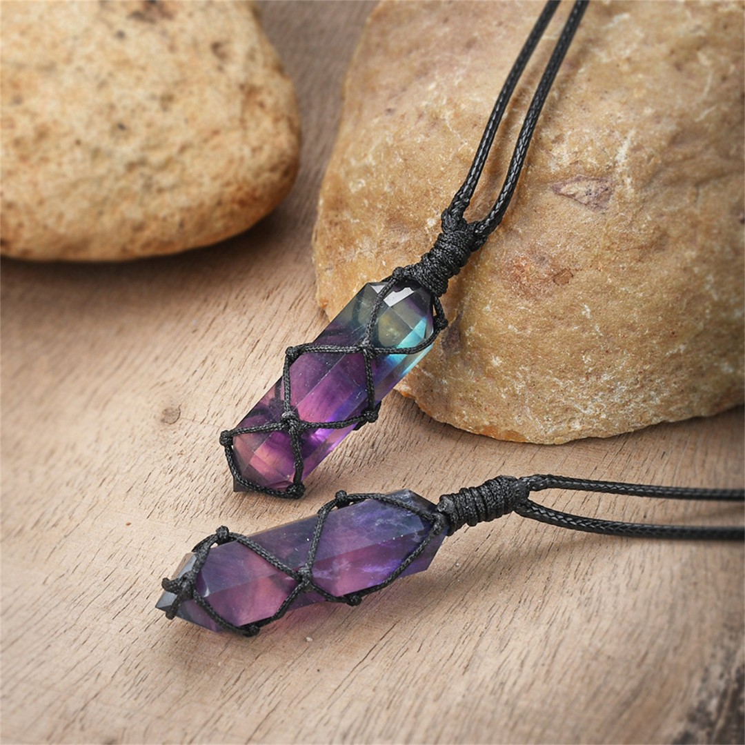 Rainbow Fluorite crystal spiritual protection necklace