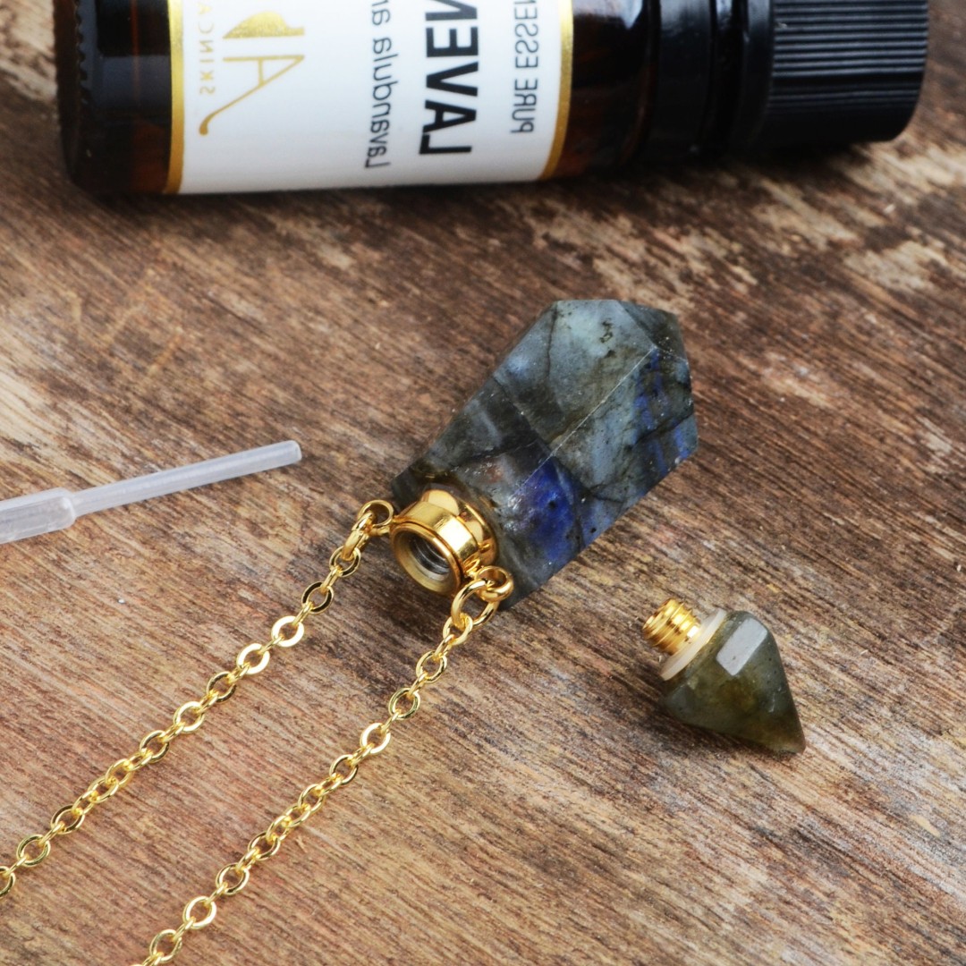 Double Point Perfume Bottle Pendant Necklace, Labradorite Perfume Bottle Connector Pendant, Faceted Crystal Stone Bottle Vial, Gift for Mom