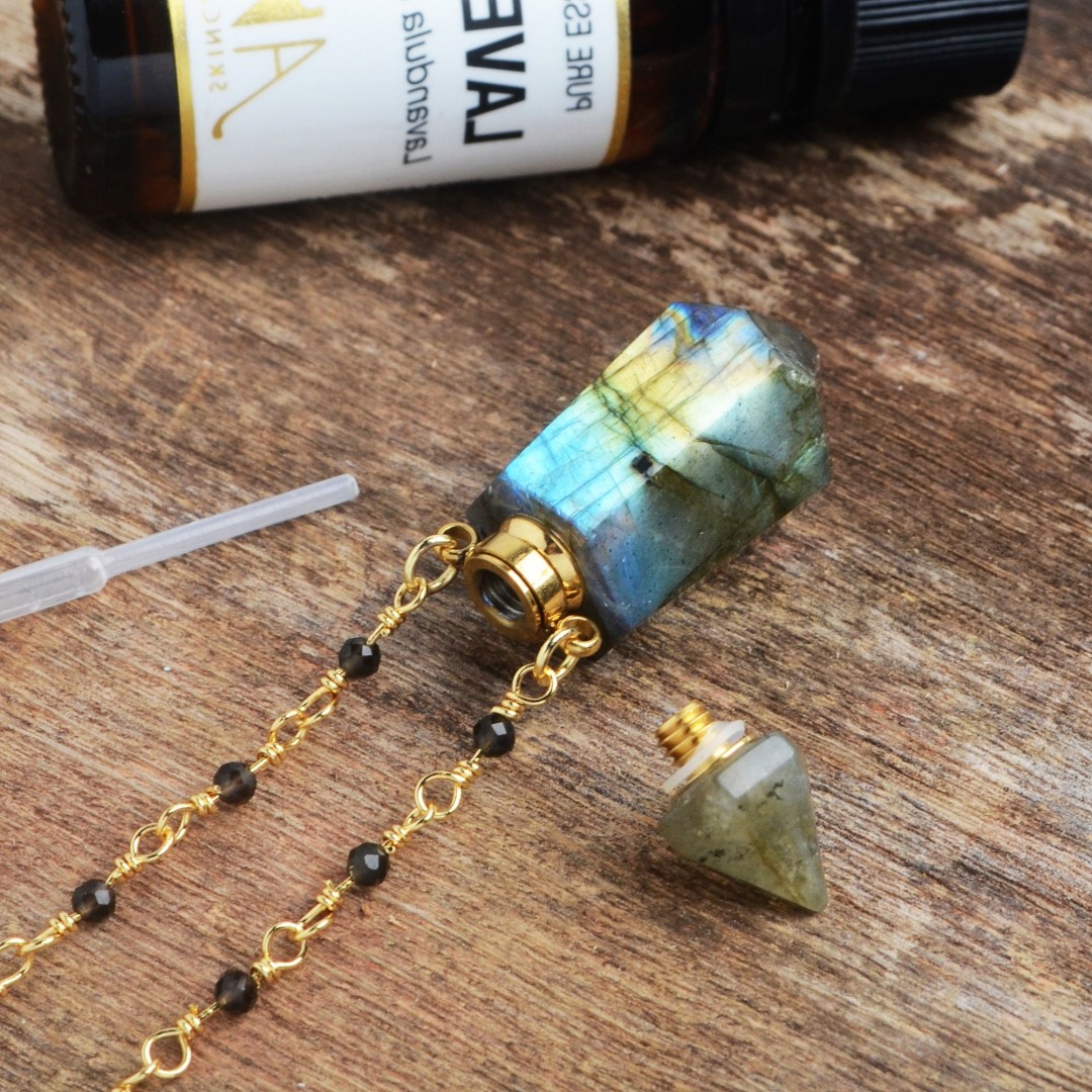 Double Point Perfume Bottle Pendant Necklace, Labradorite Perfume Bottle Connector Pendant, Faceted Crystal Stone Bottle Vial, Gift for Mom