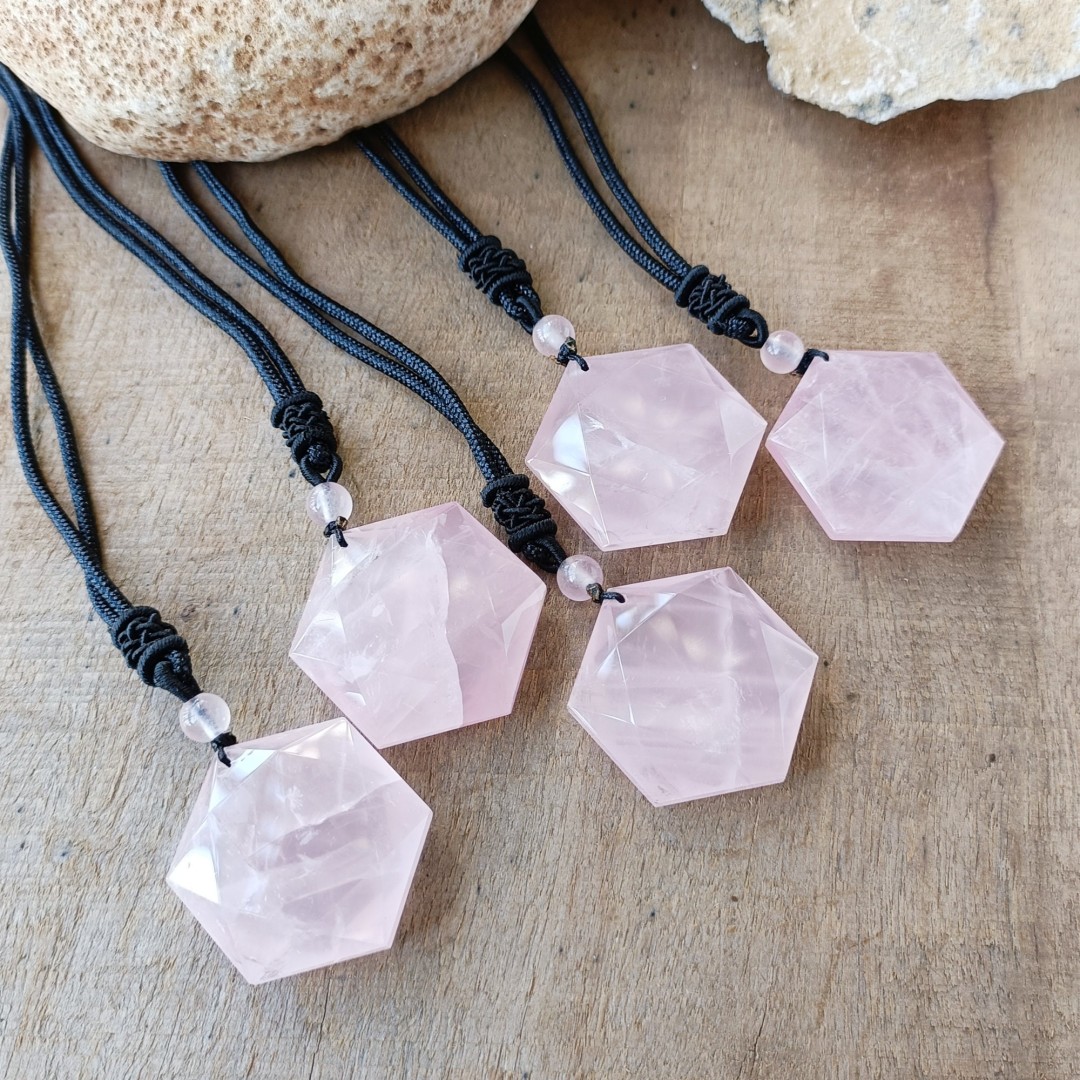 Natural Crystal Hexagon Necklace, Rainbow Fluorite Gemstone Jewelry, Valentine Gift, 30mm Natural Rose Quartz Energy Necklace, Handmade Gift