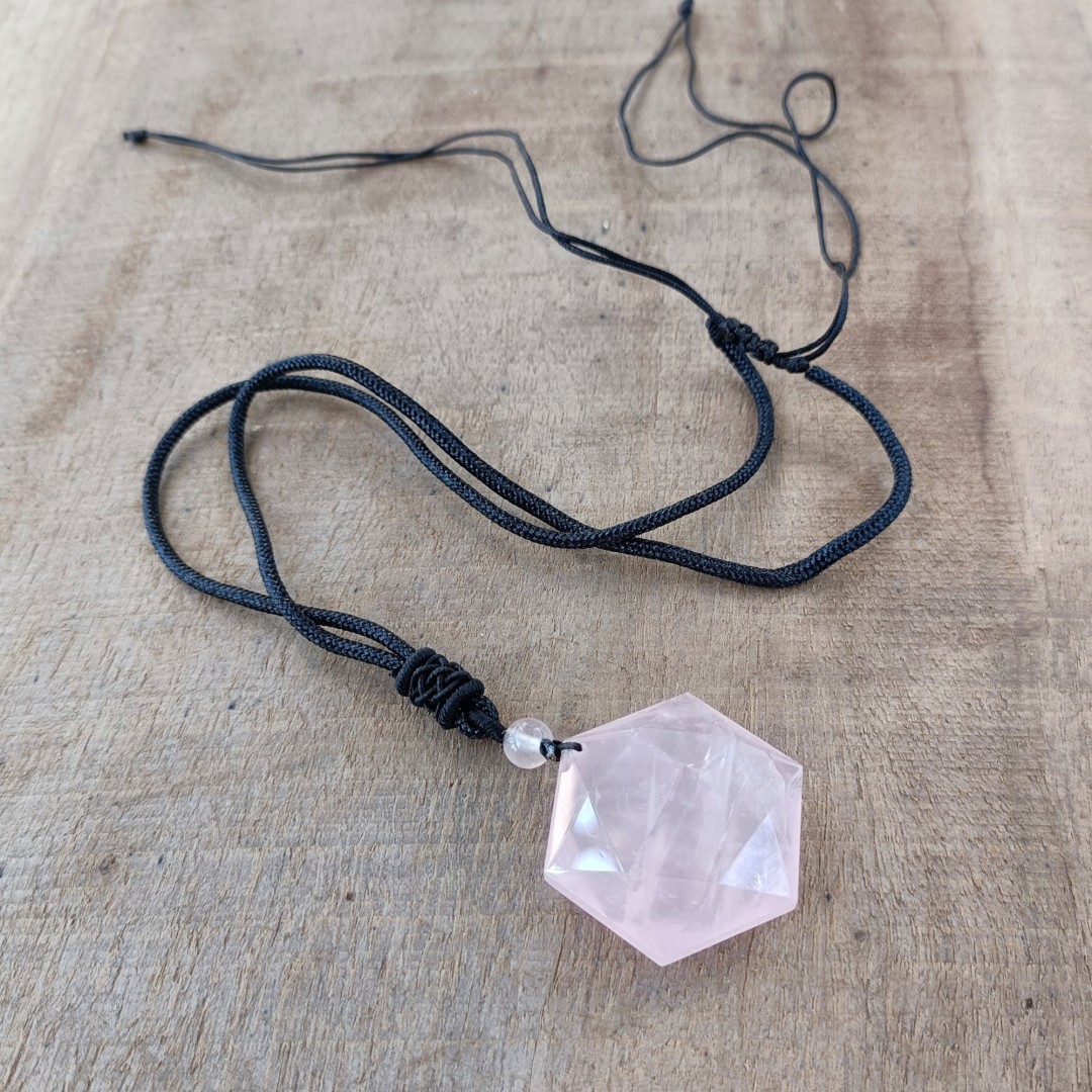 Natural Crystal Hexagon Necklace, Rainbow Fluorite Gemstone Jewelry, Valentine Gift, 30mm Natural Rose Quartz Energy Necklace, Handmade Gift