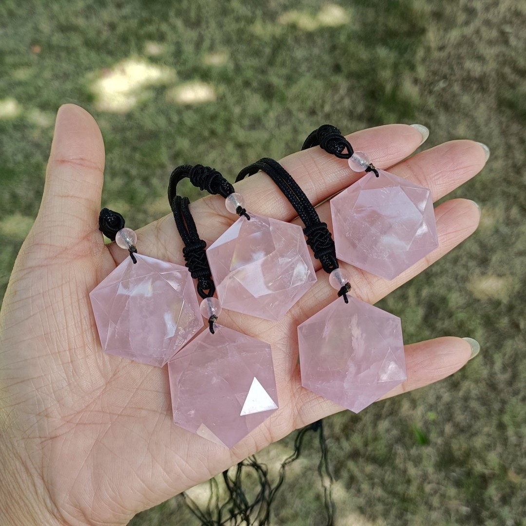 Natural Crystal Hexagon Necklace, Rainbow Fluorite Gemstone Jewelry, Valentine Gift, 30mm Natural Rose Quartz Energy Necklace, Handmade Gift