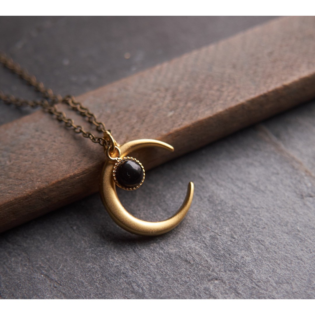 Witch moon necklace, Boho necklace, Celestial jewelry, Onyx necklace, July birthstone, Half moon necklace, Crescent moon, N319