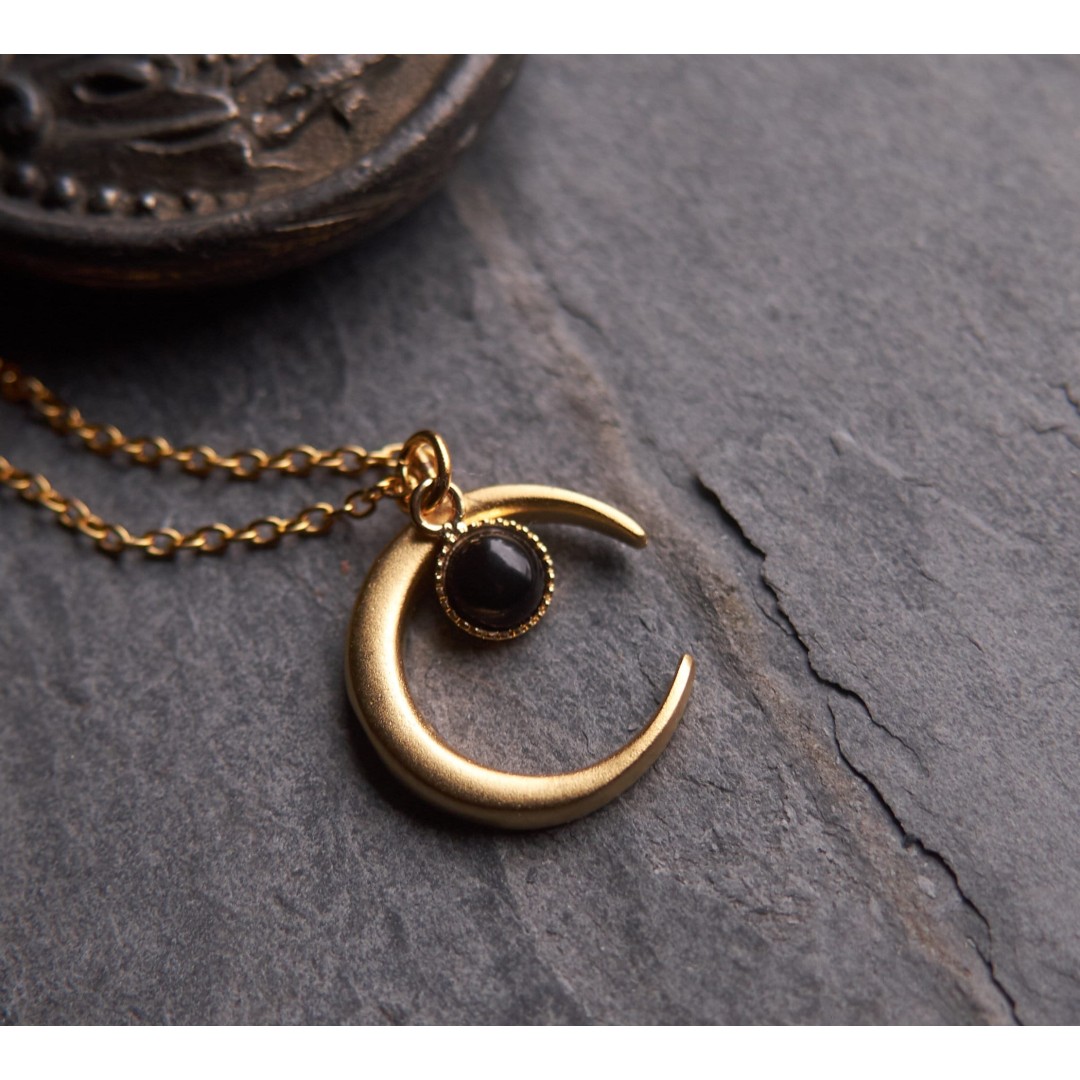 Witch moon necklace, Boho necklace, Celestial jewelry, Onyx necklace, July birthstone, Half moon necklace, Crescent moon, N319