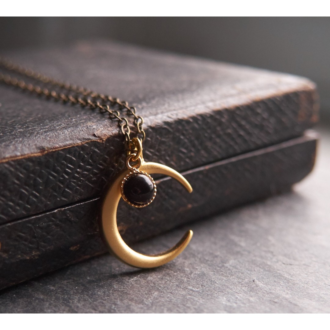 Witch moon necklace, Boho necklace, Celestial jewelry, Onyx necklace, July birthstone, Half moon necklace, Crescent moon, N319