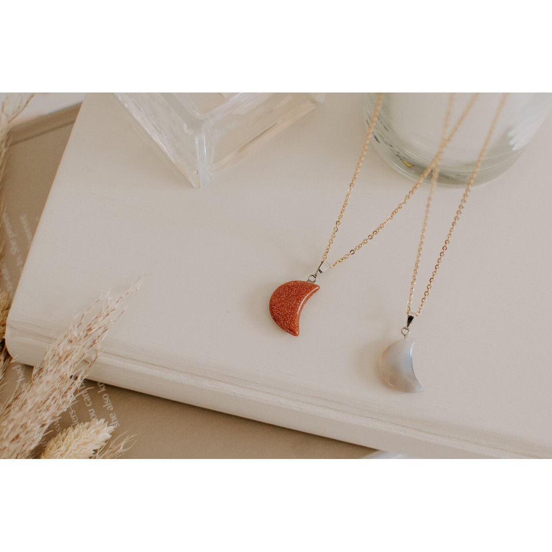 Crescent Moon Crystal Healing Stone Necklaces, Quartz Half Moon Necklaces, Grey Agate Necklace, Goldstone Necklace