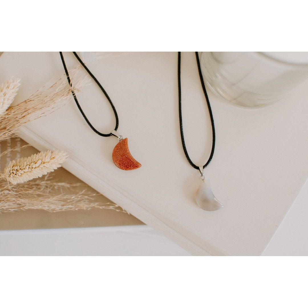 Crescent Moon Crystal Healing Stone Necklaces, Quartz Half Moon Necklaces, Grey Agate Necklace, Goldstone Necklace