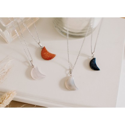 Crescent Moon Crystal Healing Stone Necklaces, Quartz Half Moon Necklaces, Grey Agate Necklace, Goldstone Necklace