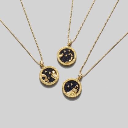 ZODIAC SIGN NECKLACE, Black & Gold Horoscope Women's Jewelry, 12 Constellation Coin Necklace Pendants, Birthday Gift for Her